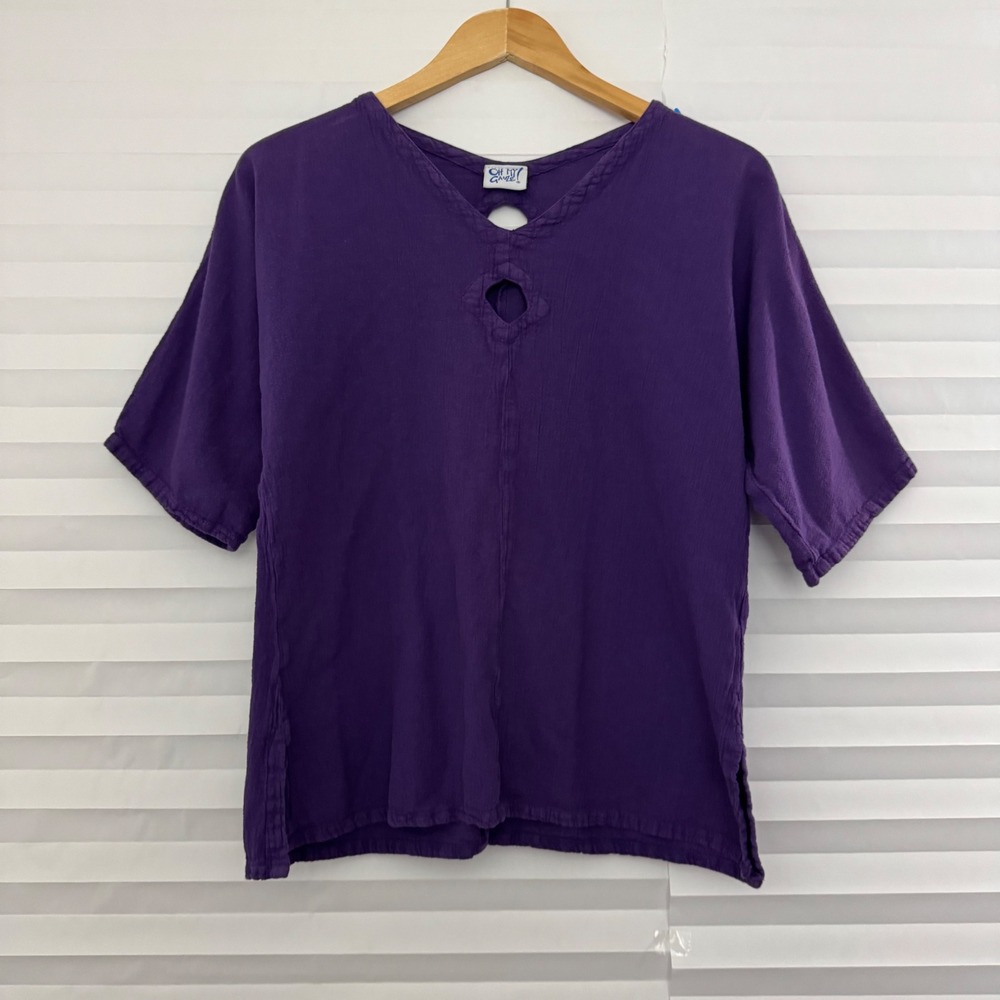Oh My Gauze Purple Cotton Crinkle Gauze Braided Neck Cutout Top Sz 1 Lagenlook
